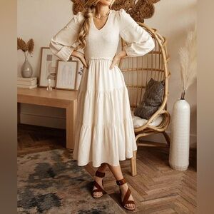 Böhme Ivory Smocked Tiered Midi Dress